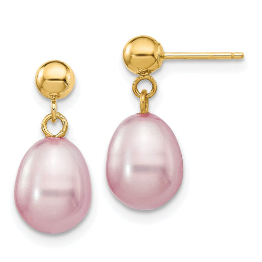 14K Yellow Gold 7 8mm Purple Rice Freshwater Cultured Pearl Post Dangle Earrings