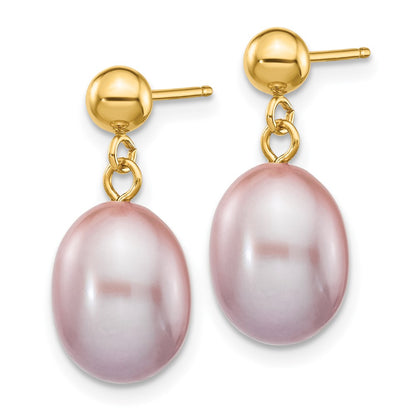 14K Yellow Gold 8 9mm Purple Rice Freshwater Cultured Pearl Post Dangle Earrings
