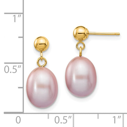 14K Yellow Gold 8 9mm Purple Rice Freshwater Cultured Pearl Post Dangle Earrings