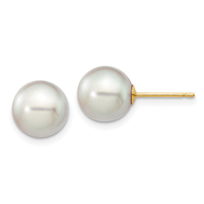 14K Yellow Gold 8 9mm Grey Round Akoya Saltwater Cultured Pearl Post Earrings