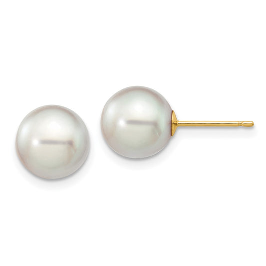 14K Yellow Gold 8 9mm Grey Round Akoya Saltwater Cultured Pearl Post Earrings