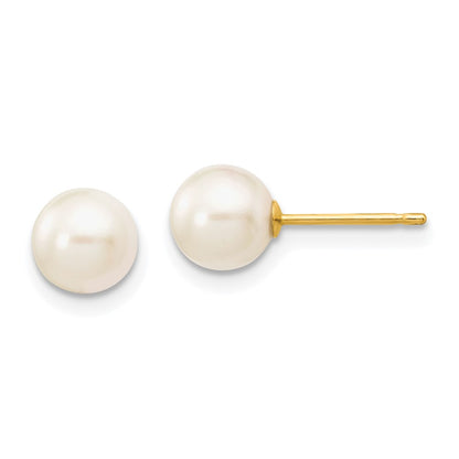 14K Yellow Gold 6 7mm White Round Akoya Saltwater Cultured Pearl Stud Post Earrings