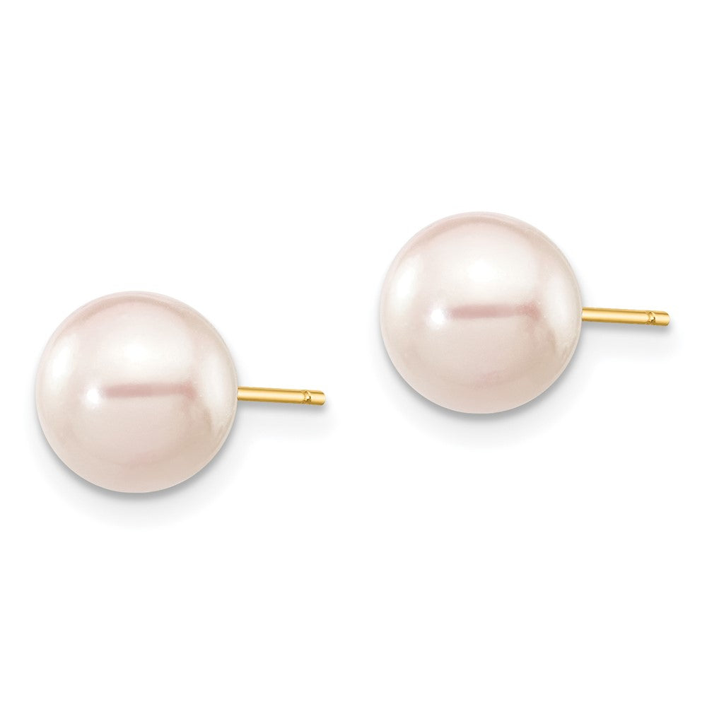 14K Yellow Gold 7 8mm White Round Akoya Saltwater Cultured Pearl Stud Post Earrings