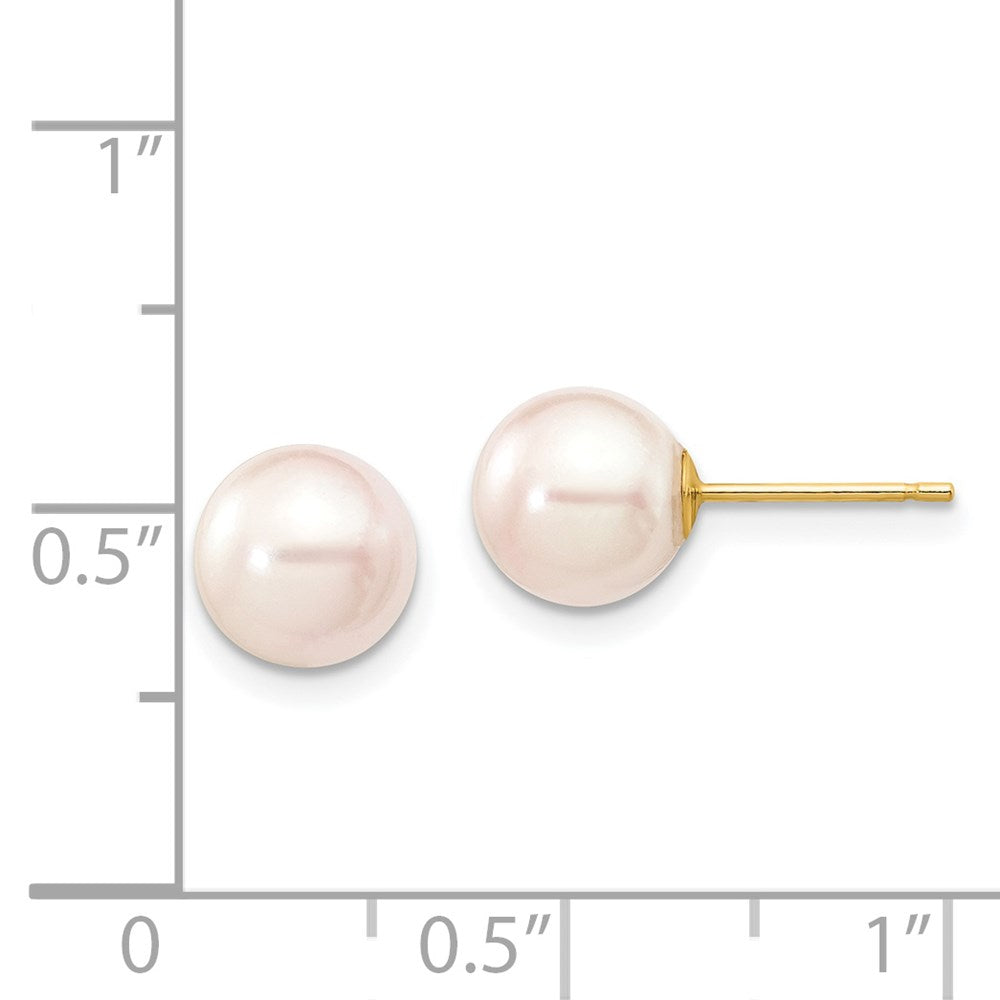14K Yellow Gold 7 8mm White Round Akoya Saltwater Cultured Pearl Stud Post Earrings