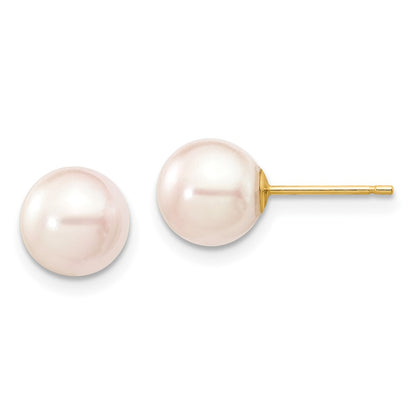 14K Yellow Gold 7 8mm White Round Akoya Saltwater Cultured Pearl Stud Post Earrings
