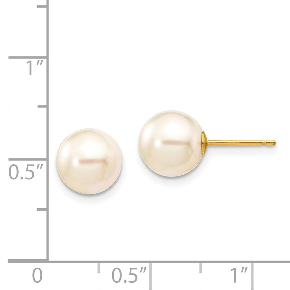 14K Yellow Gold 8 9mm White Round Akoya Saltwater Cultured Pearl Stud Post Earrings