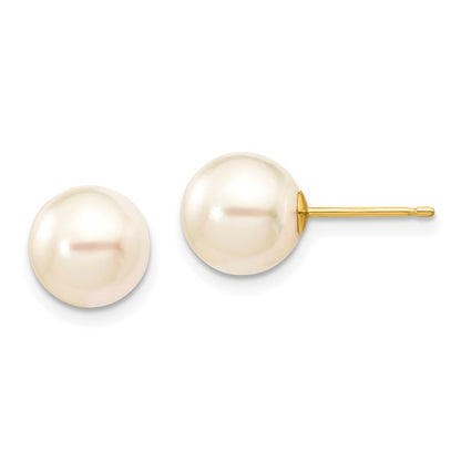 14K Yellow Gold 8 9mm White Round Akoya Saltwater Cultured Pearl Stud Post Earrings