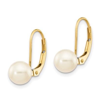 14K Yellow Gold 6 7mm White Round Freshwater Cultured Pearl Leverback Earrings