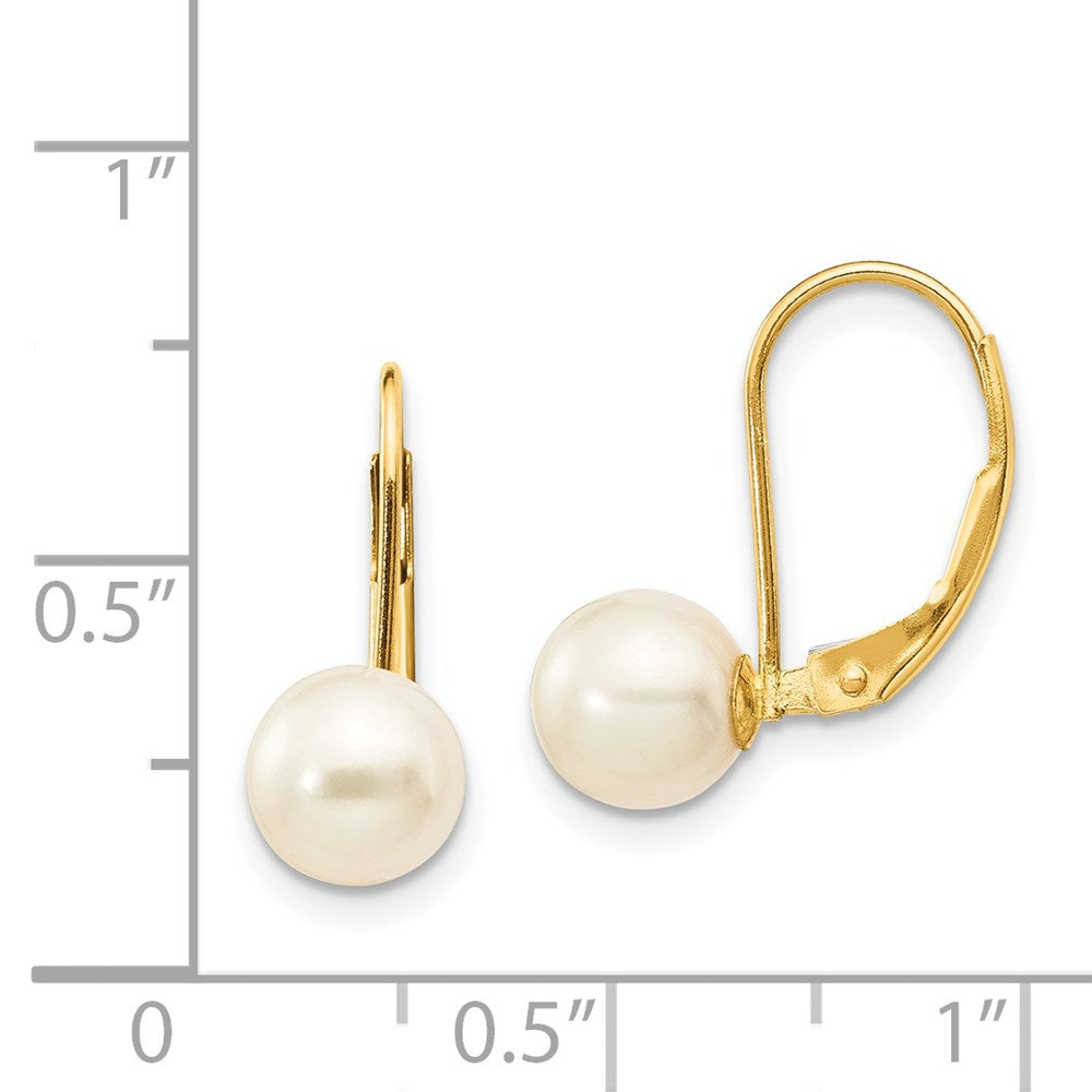 14K Yellow Gold 6 7mm White Round Freshwater Cultured Pearl Leverback Earrings