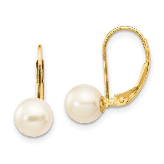 14K Yellow Gold 6 7mm White Round Freshwater Cultured Pearl Leverback Earrings