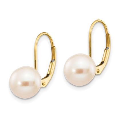 14K Yellow Gold 8 9mm White Round Freshwater Cultured Pearl Leverback Earrings