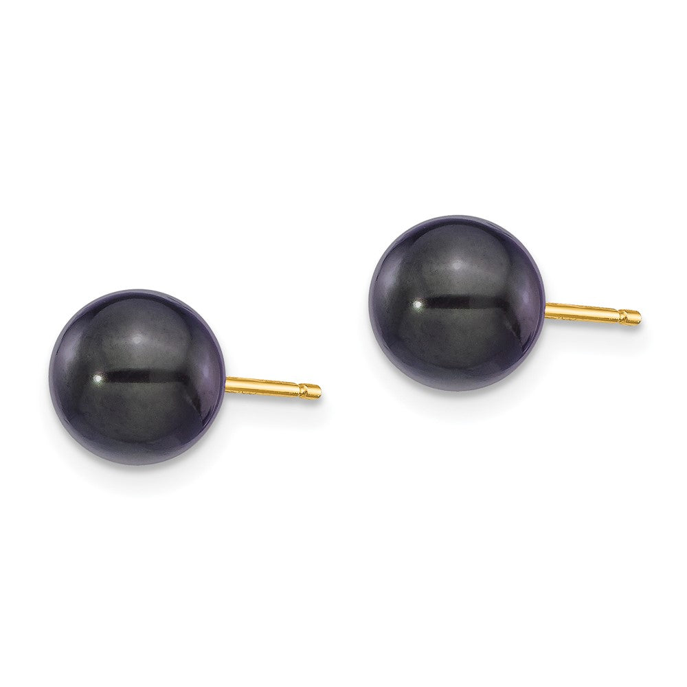 14K Yellow Gold 7 8mm Black Round Akoya Saltwater Cultured Pearl Post Earrings