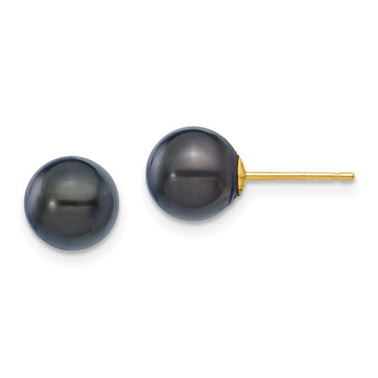14K Yellow Gold 7 8mm Black Round Akoya Saltwater Cultured Pearl Post Earrings