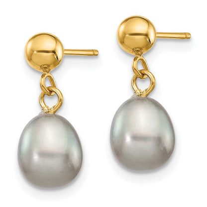 14K Yellow Gold 6 7mm Grey Rice Freshwater Cultured Pearl Post Dangle Earrings