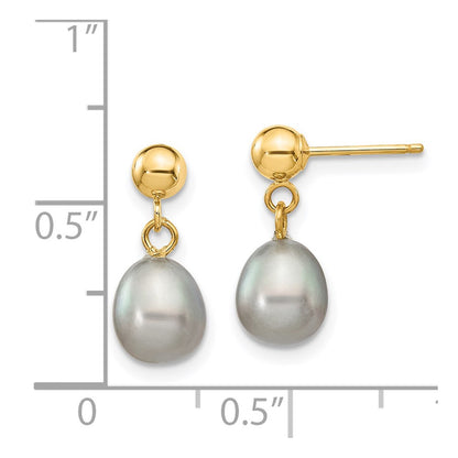 14K Yellow Gold 6 7mm Grey Rice Freshwater Cultured Pearl Post Dangle Earrings
