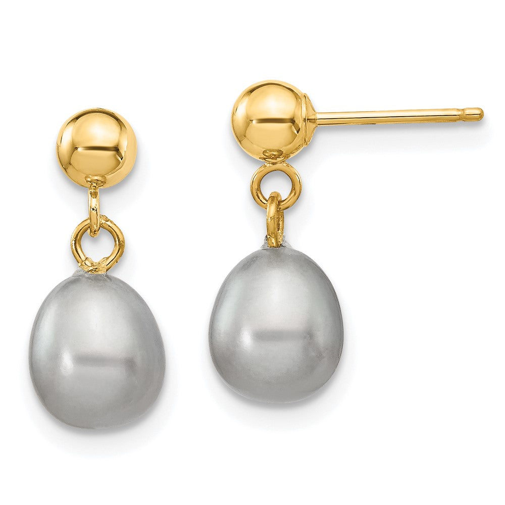 14K Yellow Gold 6 7mm Grey Rice Freshwater Cultured Pearl Post Dangle Earrings