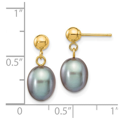 14K Yellow Gold 7 8mm Grey Rice Freshwater Cultured Pearl Post Dangle Earrings
