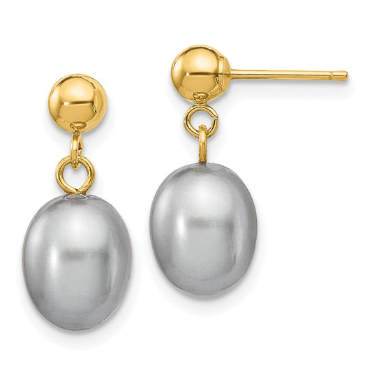 14K Yellow Gold 7 8mm Grey Rice Freshwater Cultured Pearl Post Dangle Earrings