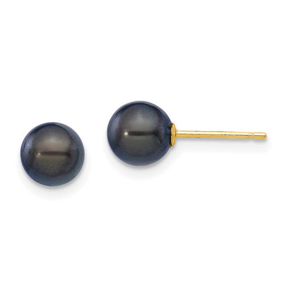 14K Yellow Gold 6 7mm Black Round Akoya Saltwater Cultured Pearl Post Earrings
