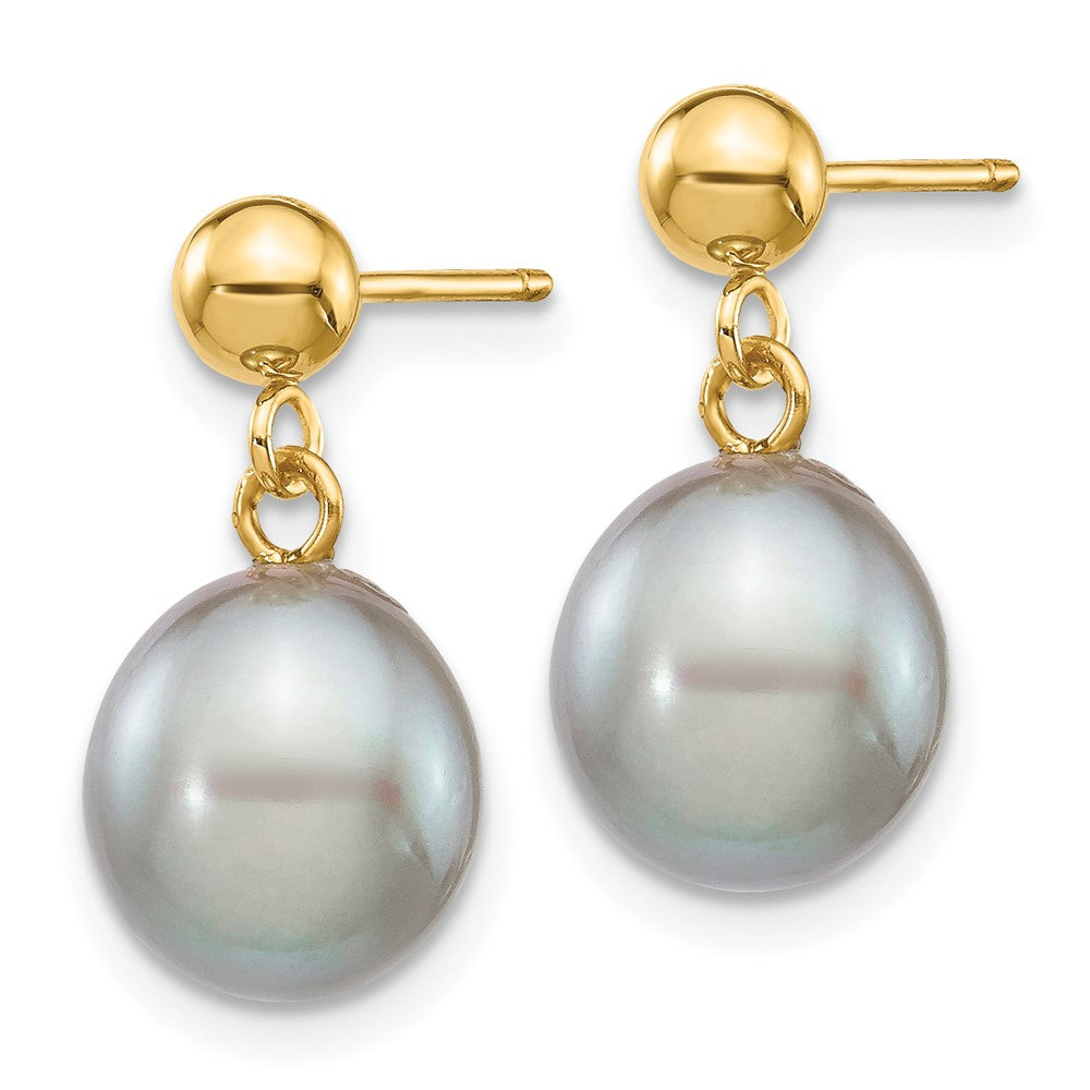 14K Yellow Gold 8 9mm Grey Rice Freshwater Cultured Pearl Post Dangle Earrings