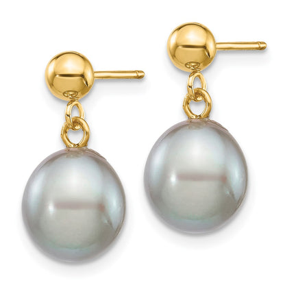 14K Yellow Gold 8 9mm Grey Rice Freshwater Cultured Pearl Post Dangle Earrings