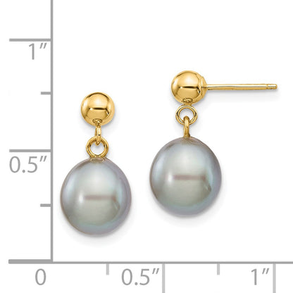 14K Yellow Gold 8 9mm Grey Rice Freshwater Cultured Pearl Post Dangle Earrings