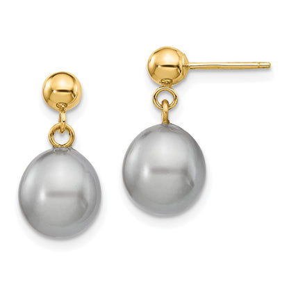14K Yellow Gold 8 9mm Grey Rice Freshwater Cultured Pearl Post Dangle Earrings