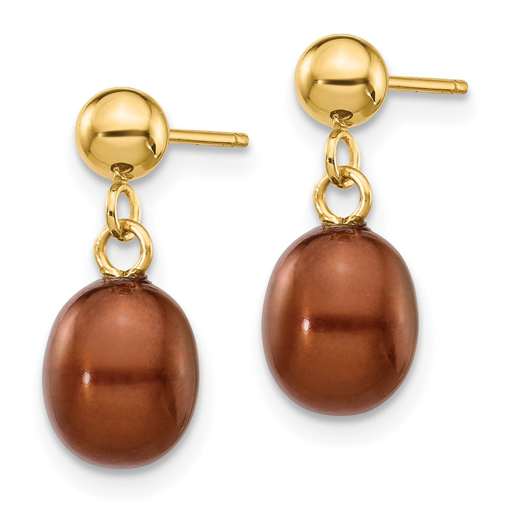 14K Yellow Gold 6 7mm Brown Rice Freshwater Cultured Pearl Post Dangle Earrings