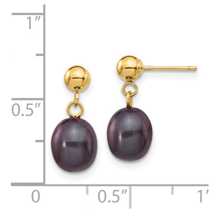 14K Yellow Gold 7 8mm Black Rice Freshwater Cultured Pearl Post Dangle Earrings
