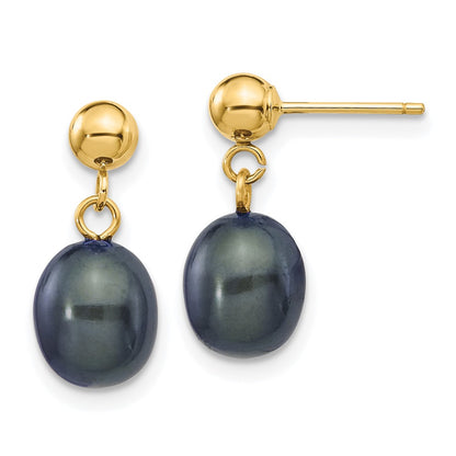 14K Yellow Gold 7 8mm Black Rice Freshwater Cultured Pearl Post Dangle Earrings