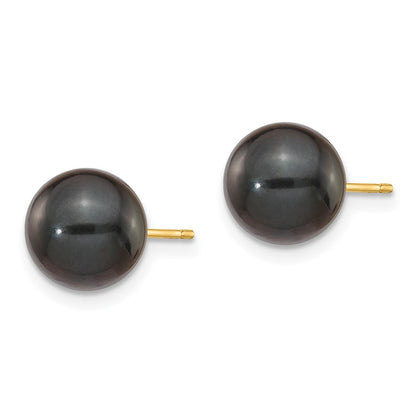 14K Yellow Gold 8 9mm Black Round Akoya Saltwater Cultured Pearl Post Earrings