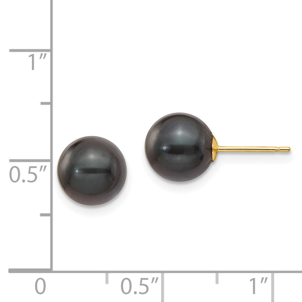 14K Yellow Gold 8 9mm Black Round Akoya Saltwater Cultured Pearl Post Earrings