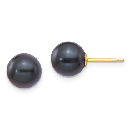 14K Yellow Gold 8 9mm Black Round Akoya Saltwater Cultured Pearl Post Earrings