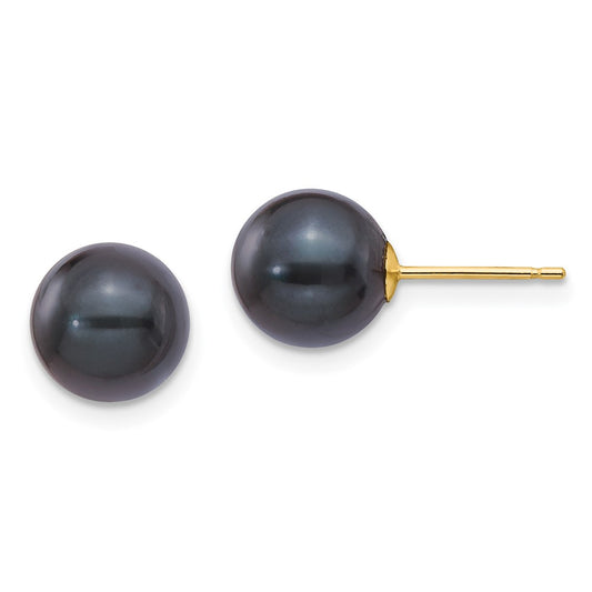 14K Yellow Gold 8 9mm Black Round Akoya Saltwater Cultured Pearl Post Earrings