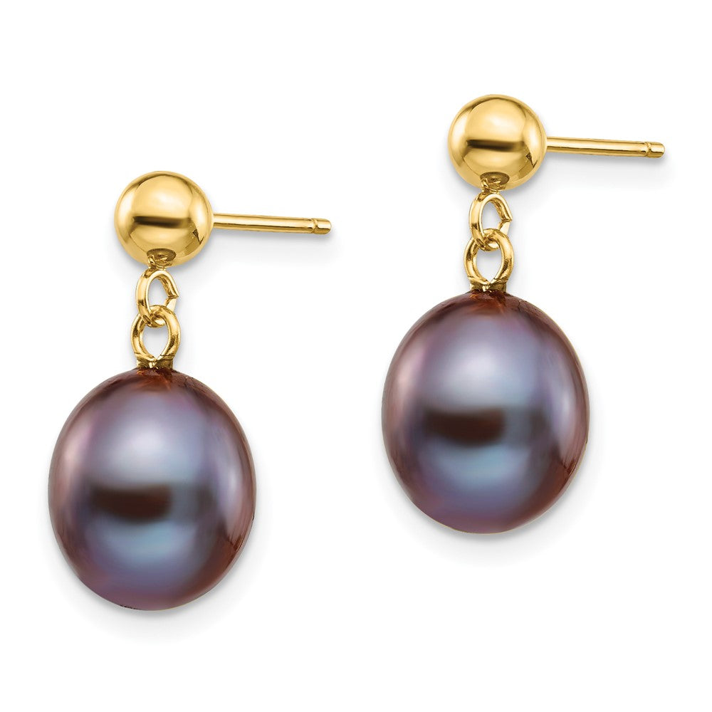 14K Yellow Gold 8 9mm Black Rice Freshwater Cultured Pearl Post Dangle Earrings