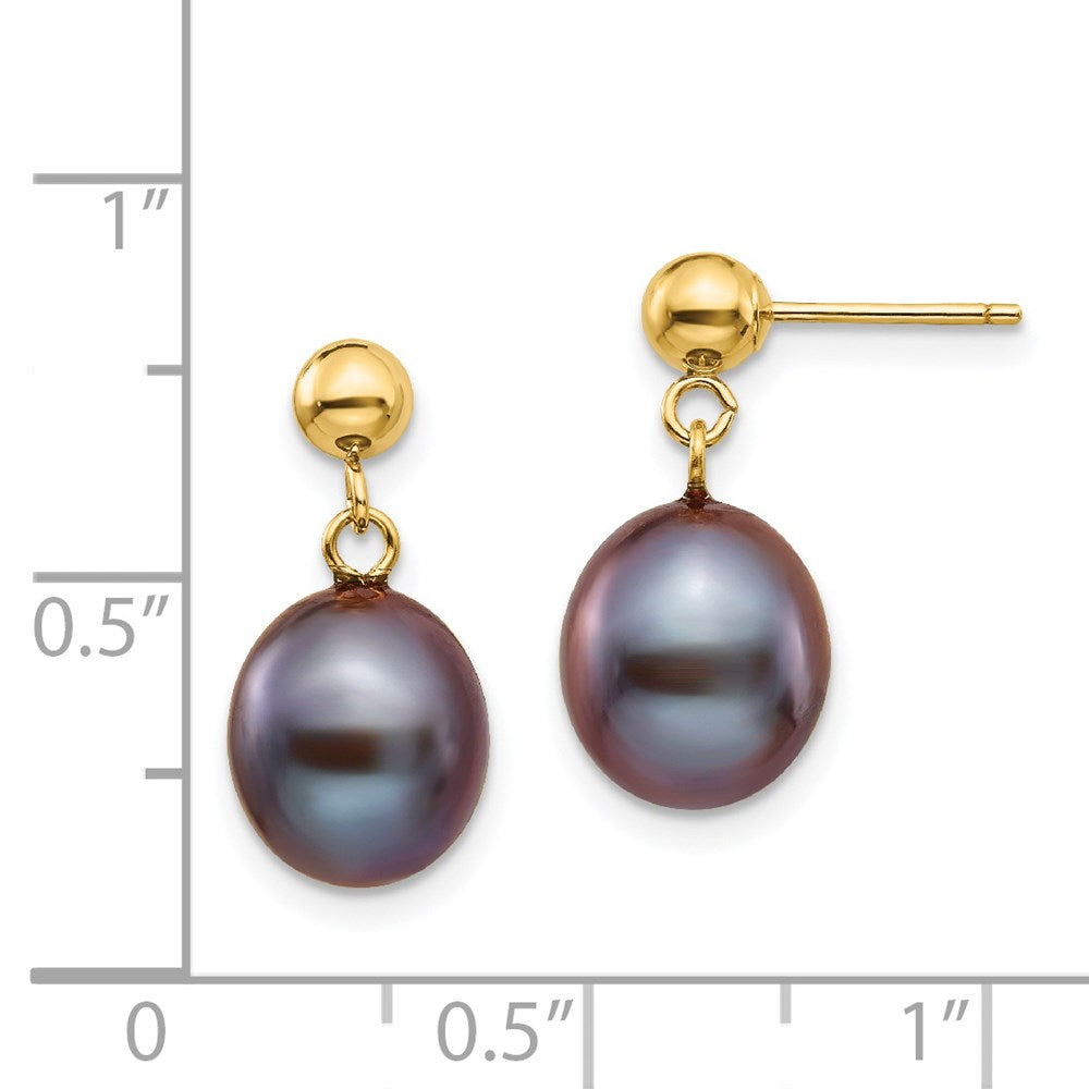 14K Yellow Gold 8 9mm Black Rice Freshwater Cultured Pearl Post Dangle Earrings