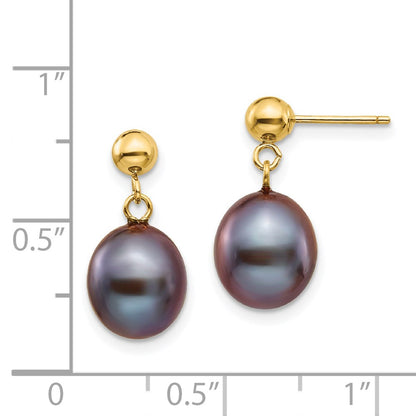 14K Yellow Gold 8 9mm Black Rice Freshwater Cultured Pearl Post Dangle Earrings