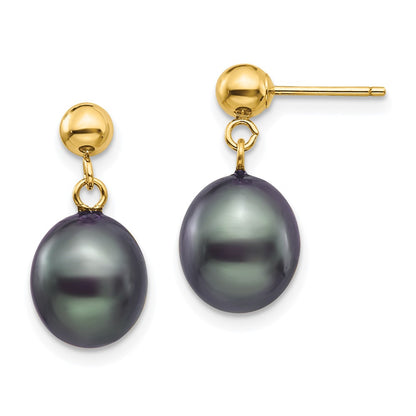 14K Yellow Gold 8 9mm Black Rice Freshwater Cultured Pearl Post Dangle Earrings