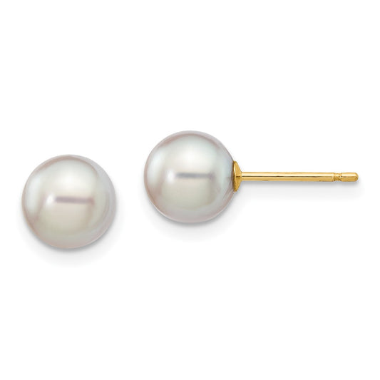 14K Yellow Gold 6 7mm Grey Round Akoya Saltwater Cultured Pearl Post Earrings