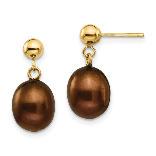 14K Yellow Gold 8 9mm Brown Freshwater Cultured Pearl Post Dangle Earrings