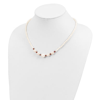 14K Yellow Gold White Semi Round Freshwater Cultured Pearl And Faceted 4.0Ga Garnet Bead 18 Inch Necklace
