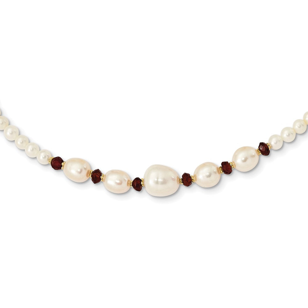 14K Yellow Gold White Semi Round Freshwater Cultured Pearl And Faceted 4.0Ga Garnet Bead 18 Inch Necklace