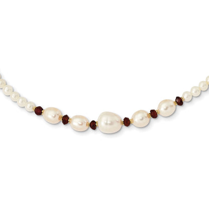 14K Yellow Gold White Semi Round Freshwater Cultured Pearl And Faceted 4.0Ga Garnet Bead 18 Inch Necklace