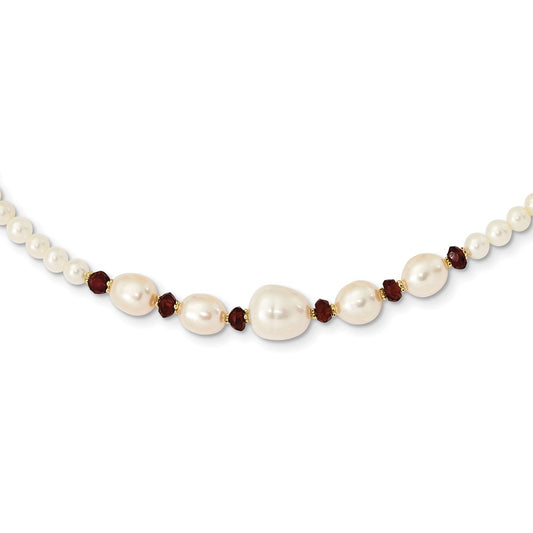 14K Yellow Gold White Semi Round Freshwater Cultured Pearl And Faceted 4.0Ga Garnet Bead 18 Inch Necklace