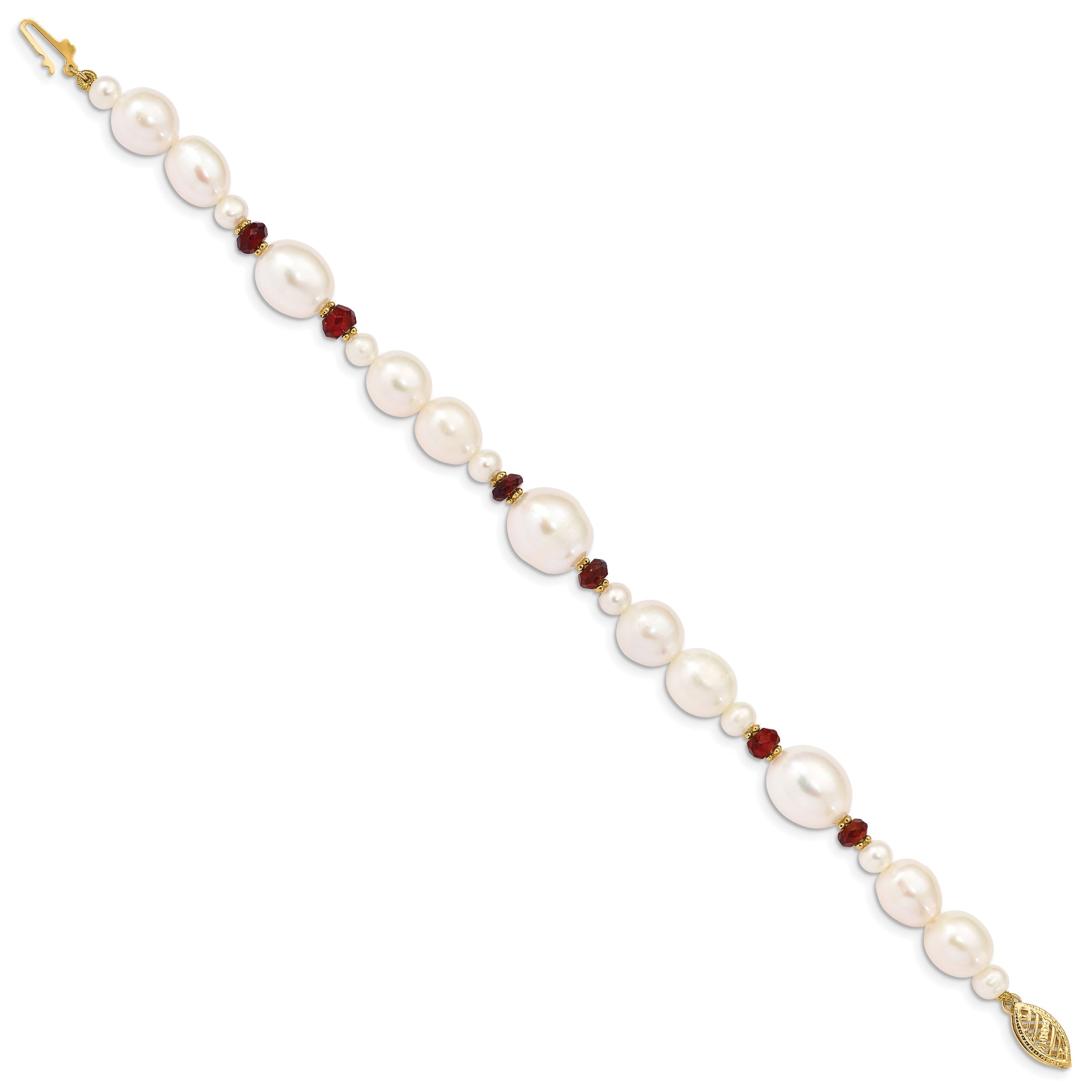 14K Yellow Gold 6 7mm White Semi Round And Rice Freshwater Cultured Pearl Garnet Beads 7.25 Inch Bracelet