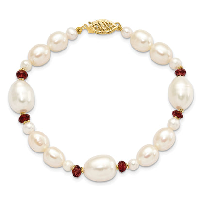 14K Yellow Gold 6 7mm White Semi Round And Rice Freshwater Cultured Pearl Garnet Beads 7.25 Inch Bracelet