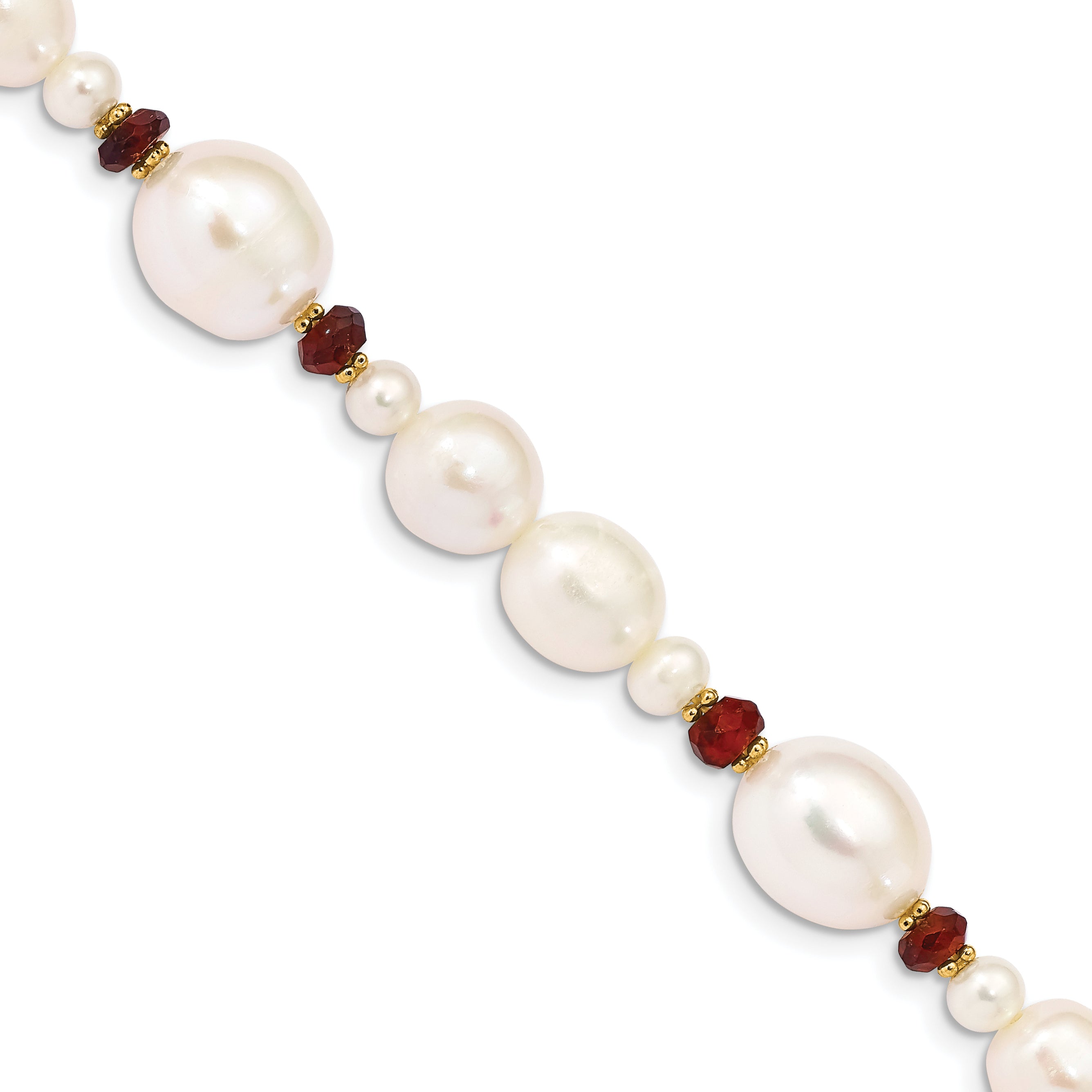 14K Yellow Gold 6 7mm White Semi Round And Rice Freshwater Cultured Pearl Garnet Beads 7.25 Inch Bracelet