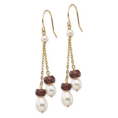 14K Yellow Gold 6 7mm White Rice Freshwater Cultured Pearl And 4.0Ga Garnet Double Chain Dangle Earrings