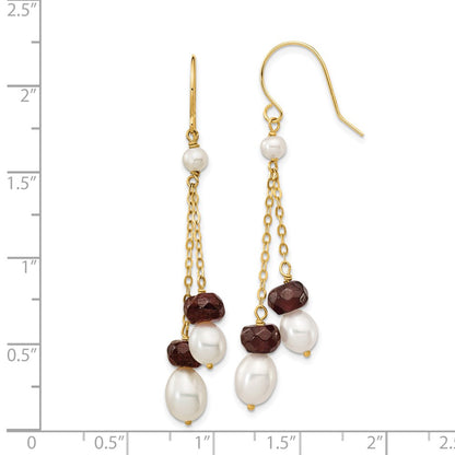 14K Yellow Gold 6 7mm White Rice Freshwater Cultured Pearl And 4.0Ga Garnet Double Chain Dangle Earrings