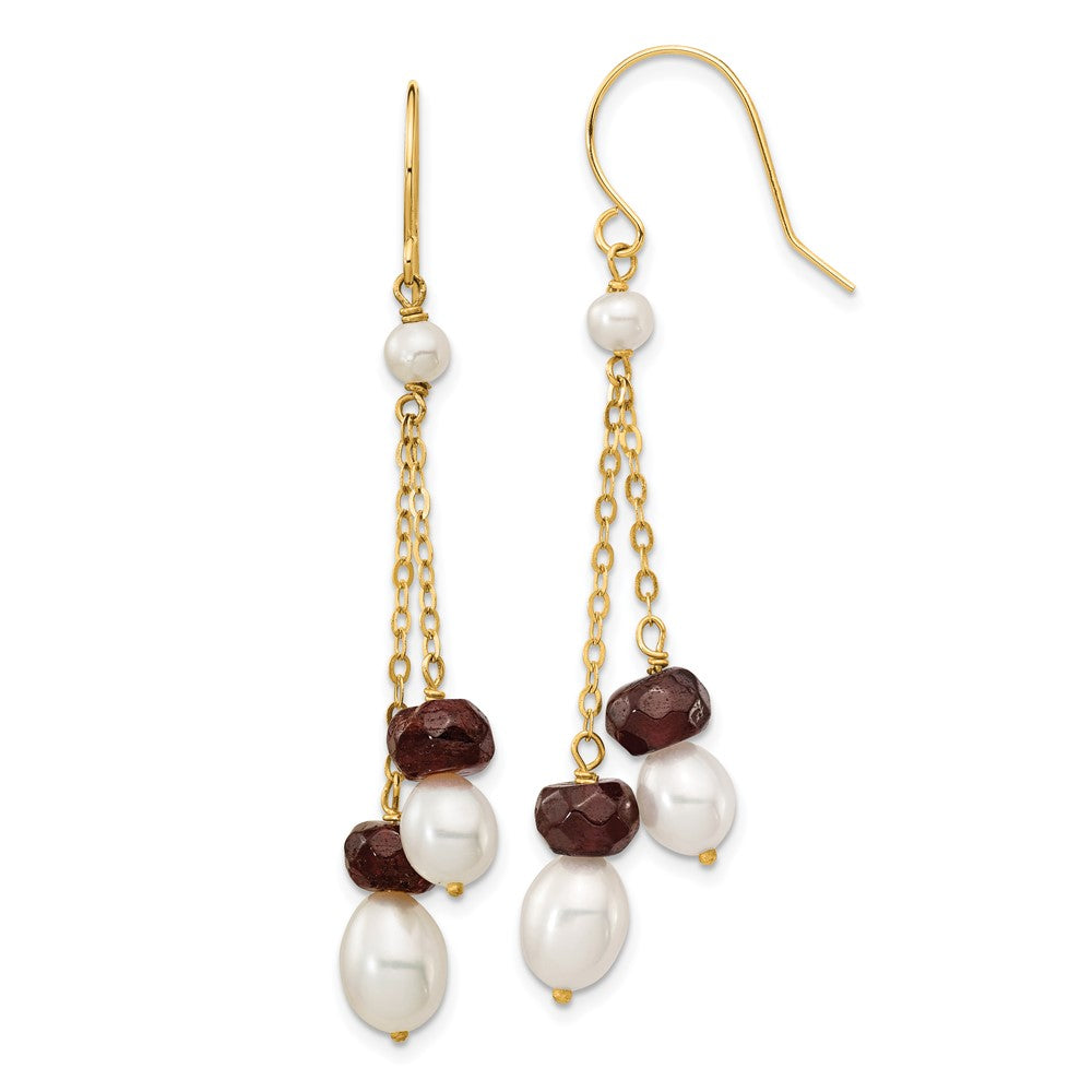 14K Yellow Gold 6 7mm White Rice Freshwater Cultured Pearl And 4.0Ga Garnet Double Chain Dangle Earrings